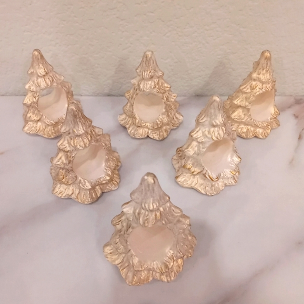 Vtg Christmas Tree Napkin Ring Holders Ceramic White w/ Gold Shimmer Lot of 6